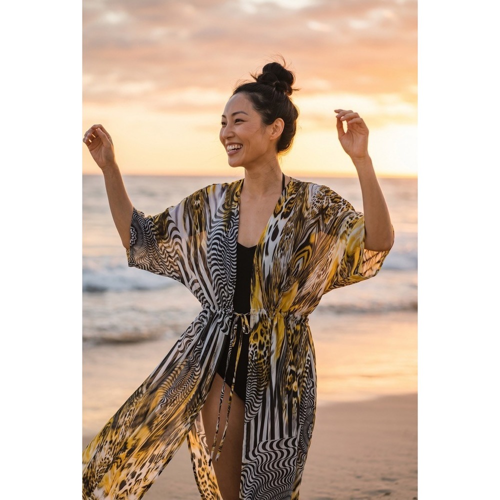 Luxmio Womens Animal Print Psychedelic Maxi Kimono Coverlet Yellow Black NEW